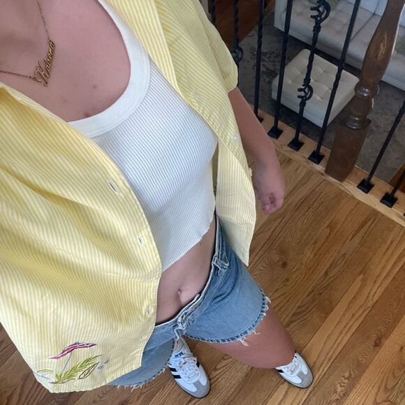 Allison Daley short sleeve button up yellow striped embroidered summer detailing - Picture 10 of 10